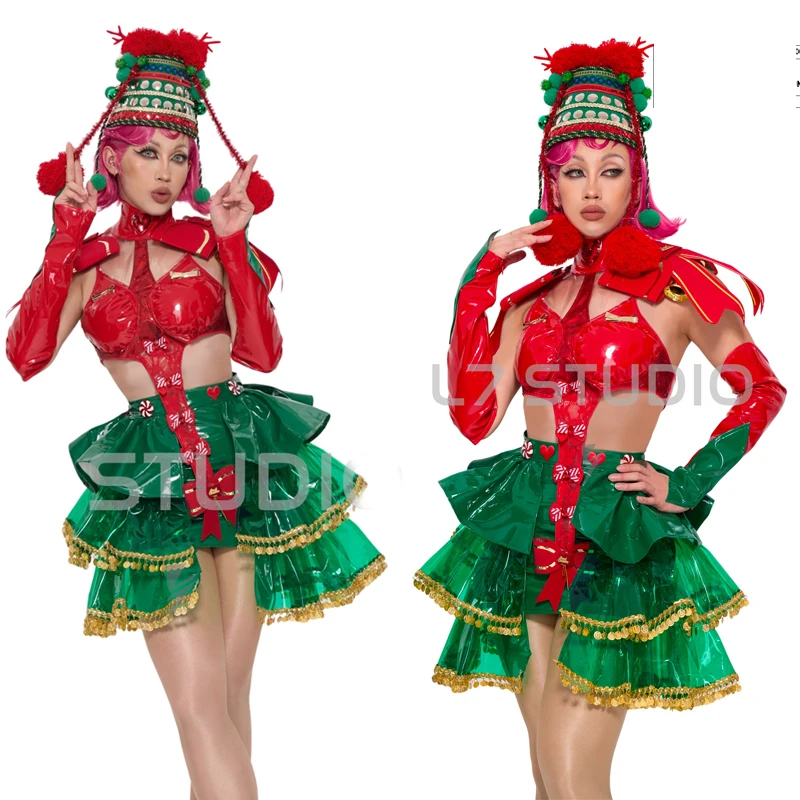 

Women Cosplay Christmas Outfit Sexy Red Leather Top Green Skirt Sexy Gogo Dancer Costumes Stage Festival Rave Wear XS7480