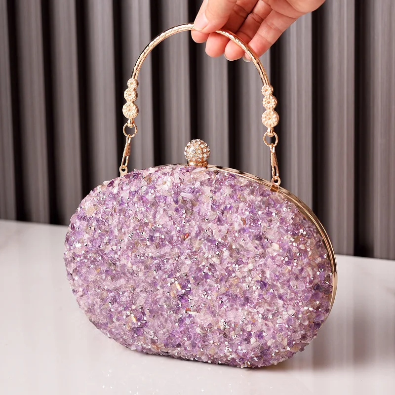 

Circular Design Rhinestones Stones Evening Bags One Side Diamonds Bohemian Style Dress Beach Purse With Hanlde Shoulder