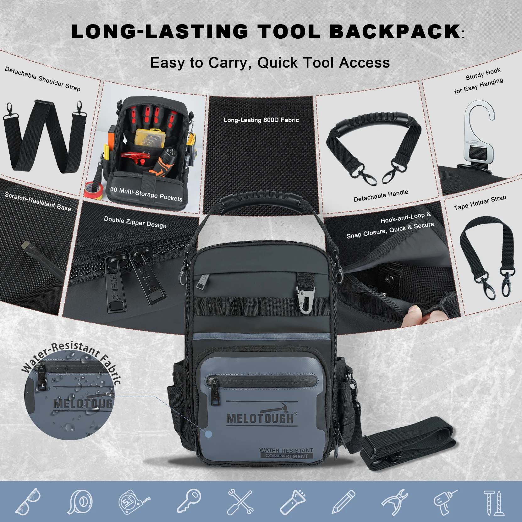 حقيبة ظهر صغيرة للرجال 30 جيوب متعددة التخزين حقيبة أدوات شديدة التحمل مع حزام كتف مزدوج الشكل #2