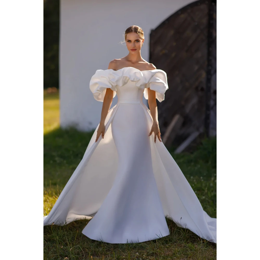 

Элегантное свадебное платье с вырезом лодочкой, индивидуальное свадебное платье русалки с открытыми плечами и короткими рукавами со съемным шлейфом Robe De