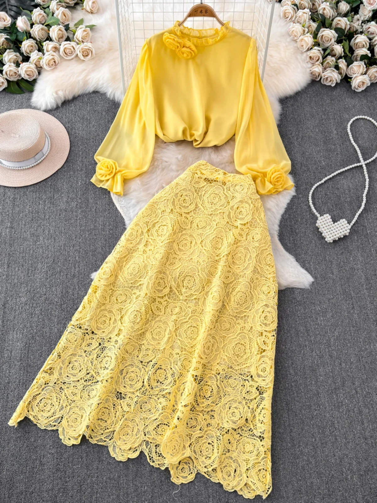 Blusa de gasa con cuello redondo Retro para mujer, conjunto de media falda adeazante con empalme de encaje, orme de tra...