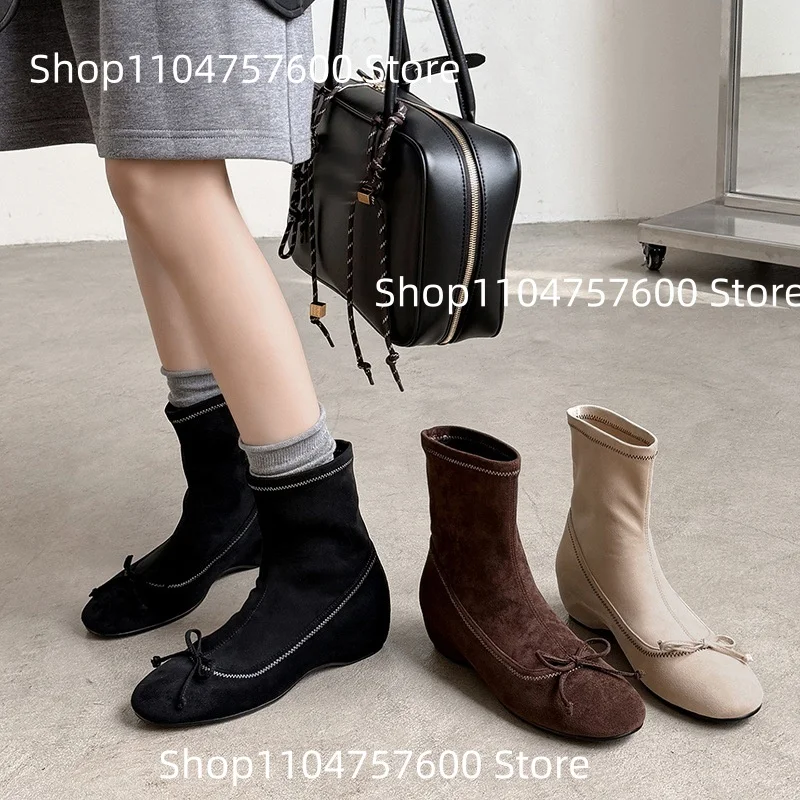 Women's Suede Ankle Boots Bow Detail Contrast Stitching Design Elegant Charm Low Wedge Heel Autumn Casual Lady Daily Short Botas