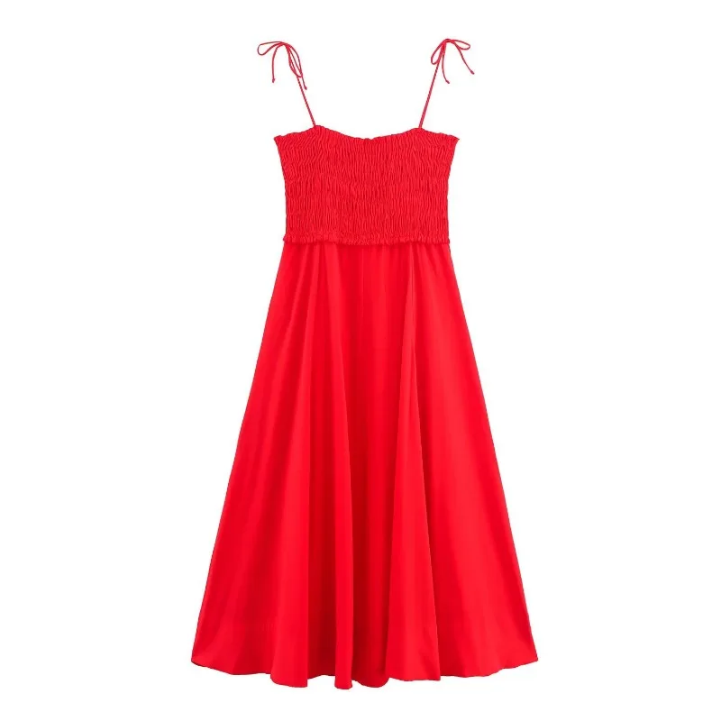 Abito longuette rosso con fionda casual Abiti lunghi senza maniche solidi alla moda per le donne Abiti da donna stile vacanza elastico Nuova estate