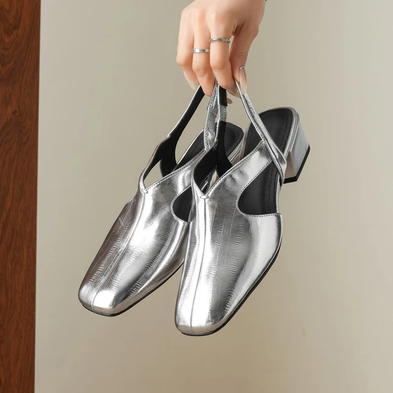 NEW Summer Women Sandals Split Leather Shoes for Women Square Toe Chunky Heel Shoes Cover Toe Slingback Shoes Slip-on Sandals