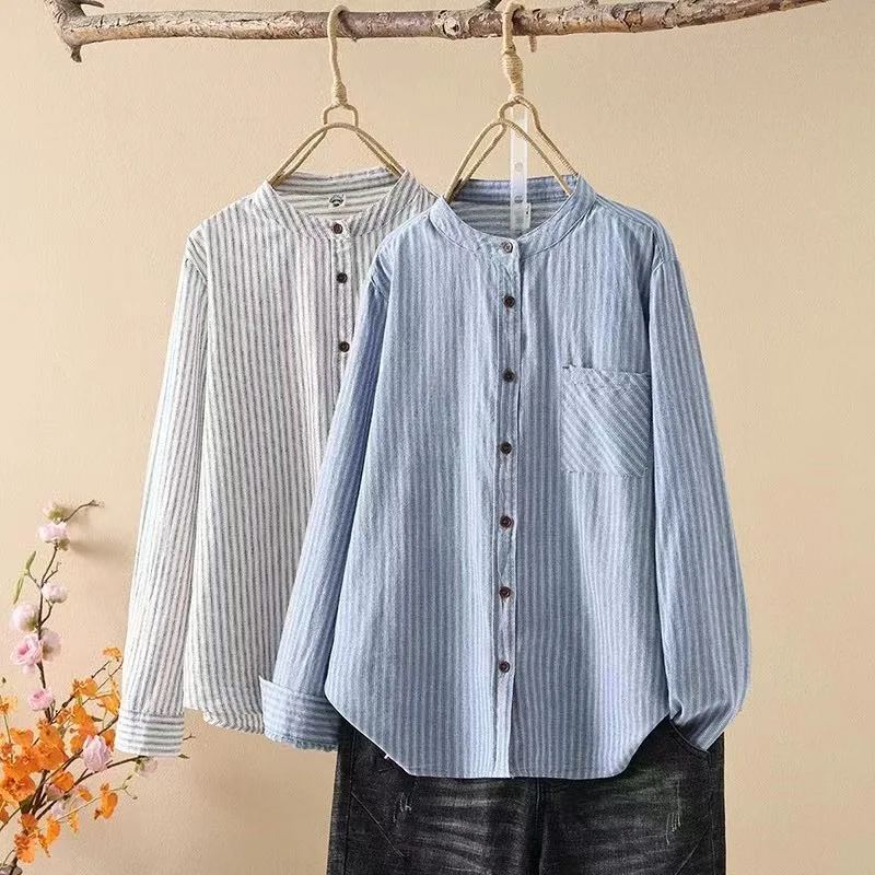 New Autumn Casual Long Sleeve Printed Shirt Japanese Style Forest Girl Stand Collar Striped Open Cardigan Women's Slim Fit Top
