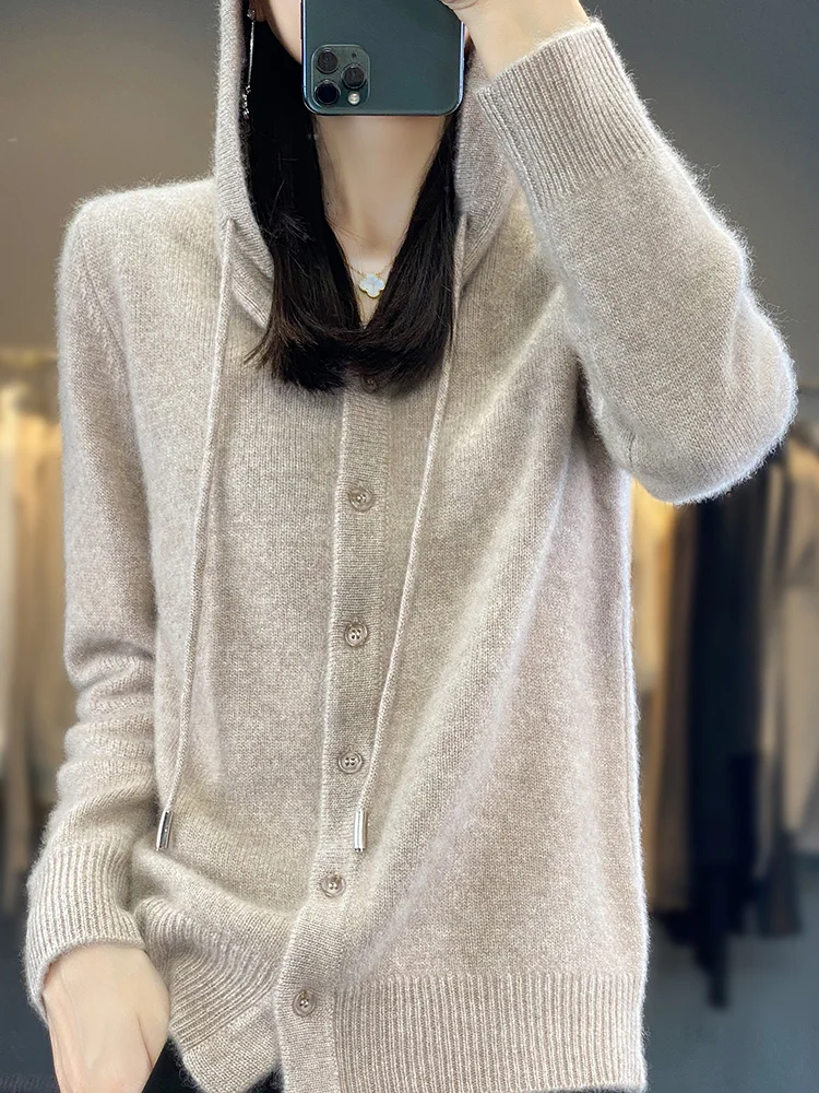 Fall Winter Merino Wool Cardigan women\'s Hooded Sweater Long Sleeve Knitted Outerwear Lady Clothes Knit Top Fashion Trend Casual