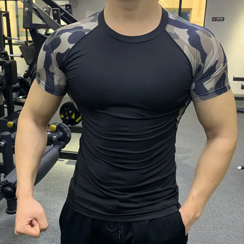 

Sports Quick Drying Sweat Wicking Breathable Elastic Short Sleeved T-shirt Men's O-neck Panelled Running Camouflage Fitness Tops