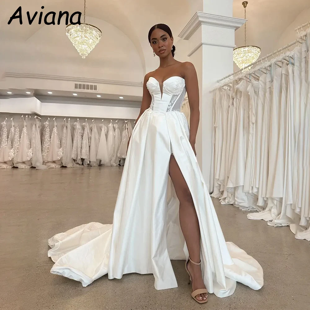 

Customized Simple A-Line Satin Wedding Dresses Sweetheart Floor-Length Court Train Bridal Gown Women Vestidos De Novias 2025