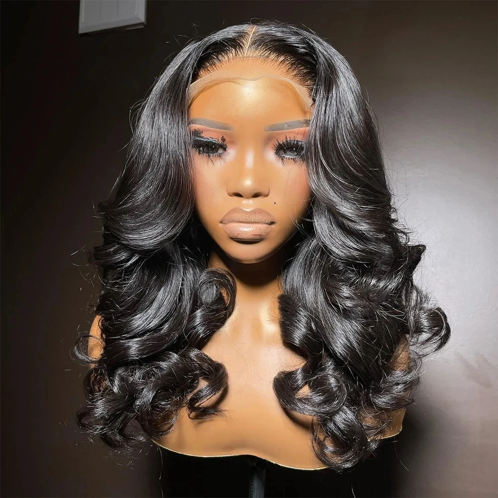 QW Hair Loose Wave Black Synthetic Lace Frontal Wigs for Women Middle Part Pre Plucked  Glueless Daily Party Wear Wigs