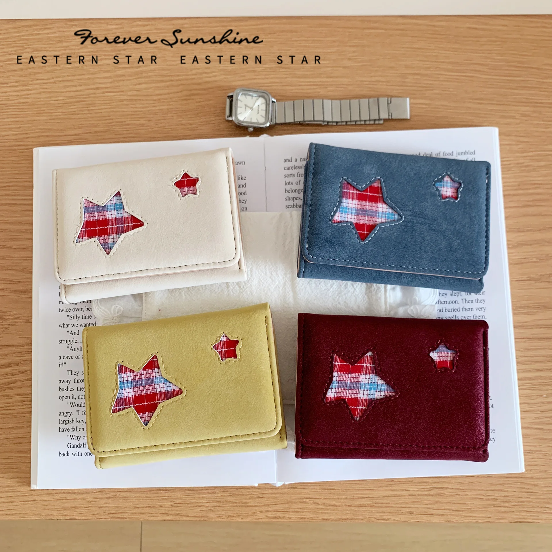 Vintage Plaid Star Patch Card Holder Faux Leather Mini Short Wallet Multi‑Slot ID Credit Card Purse Portable Coin Pocket Women G