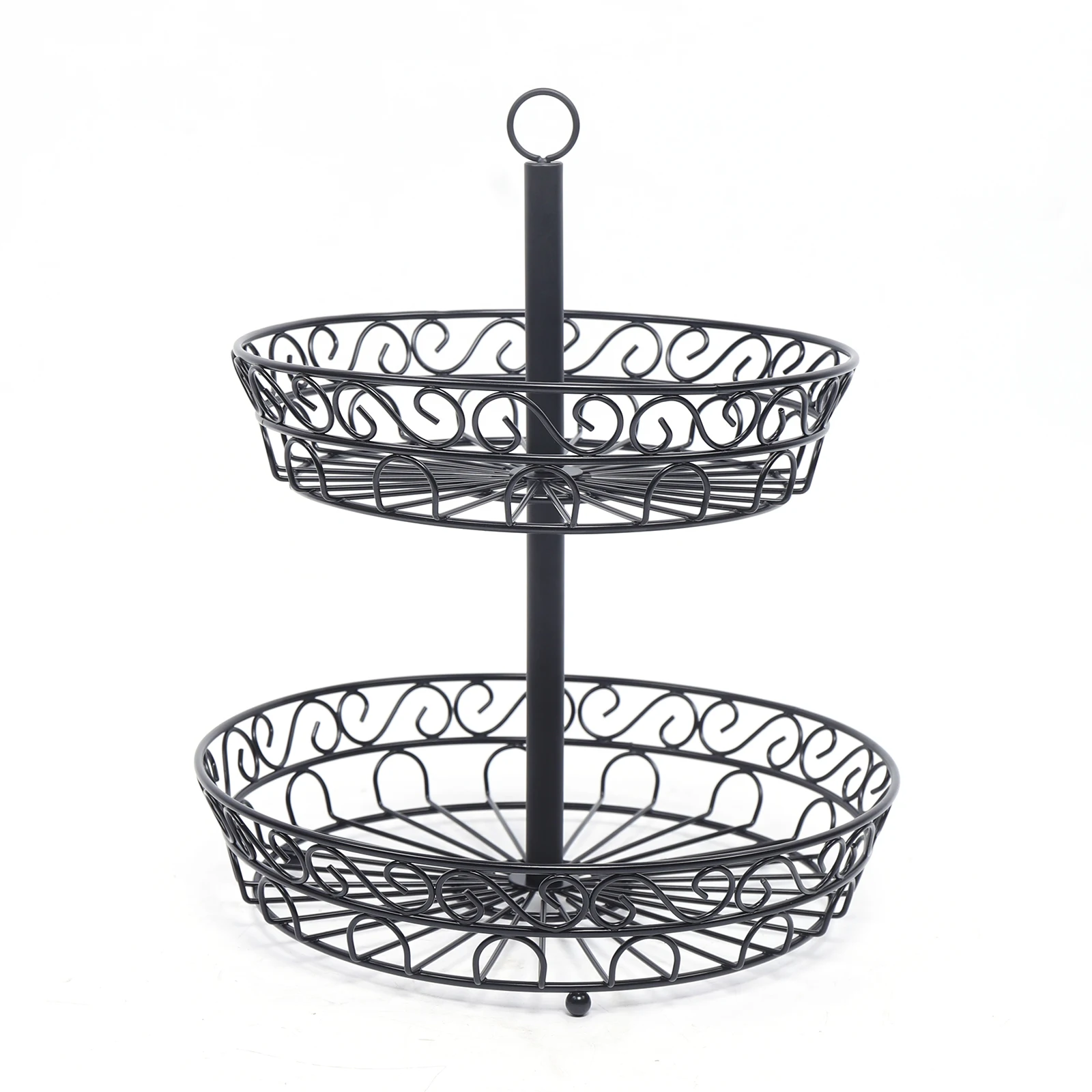 Elegant Black 2-Tier Metal Fruit Basket with Hollow Design, European Style Home Decor