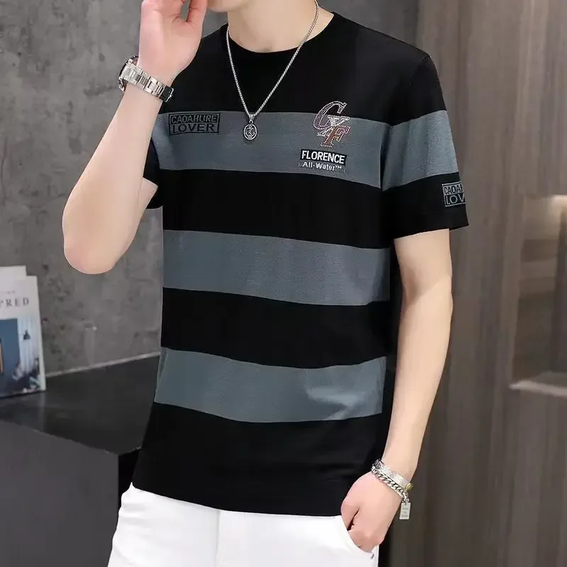 New Ultra-Thin Ice Silk Breathable Short Sleeve Summer Men\'s Round Neck Striped Slim Fashion Hip Hop Casual T-Shirt XL-XXXL