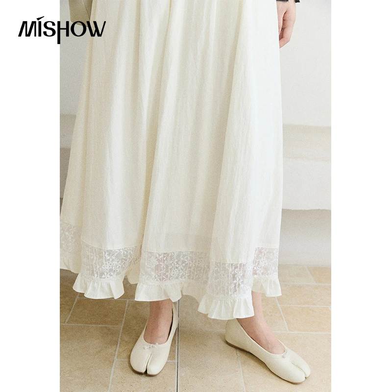 MISHOW French Vintage High Waist Midi Skirt 2026 Autumn Lace Patchwork Ruffle Hem Elegant A‑Line Fairy Long Skirts MXF42B2569