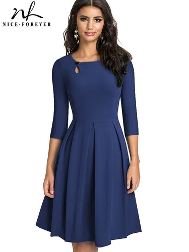 Nice-forever otoño Vintage Color sólido con vestidos de botón fiesta A-Line mujeres acampanado Swing vestido A223