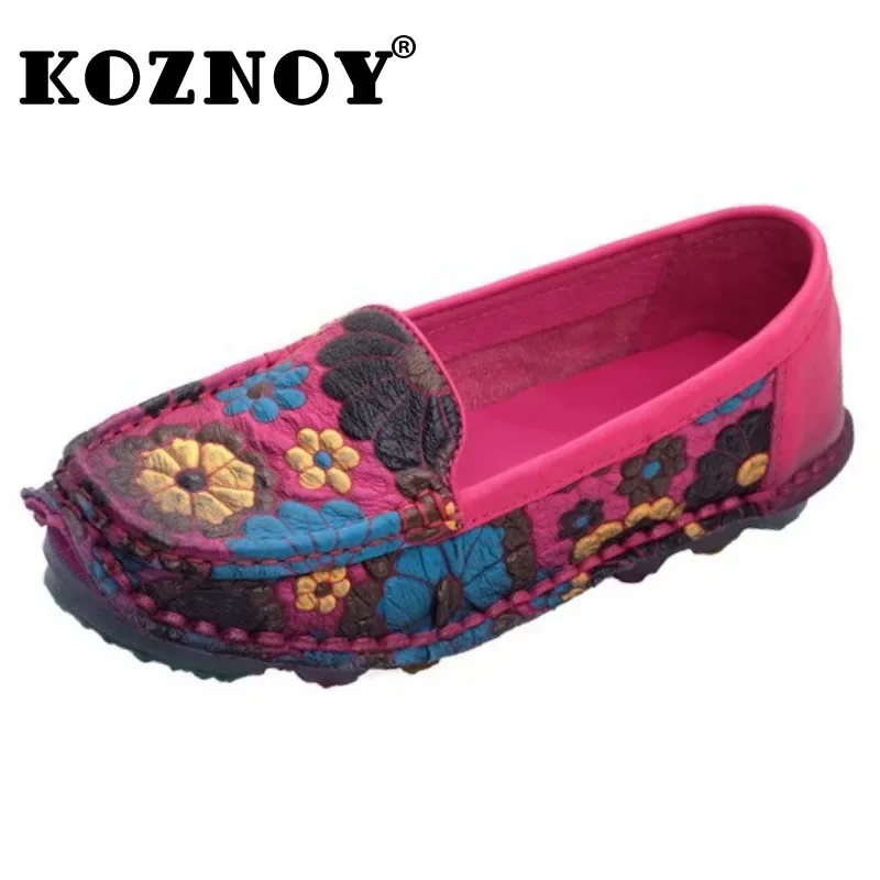 Koznoy 2cm Natural Cow Genuine Leather Mixed Color Soft Soled Loafer Ethnic Moccasins Native Flats Shoes Women Big Size Comfy