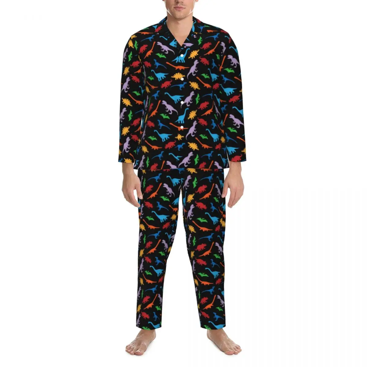 Pajamas Men Colorful Dinosaur Daily Sleepwear Cute Animal Print 2 Pieces Vintage Pajama Sets Long Sleeve Oversized Home Suit