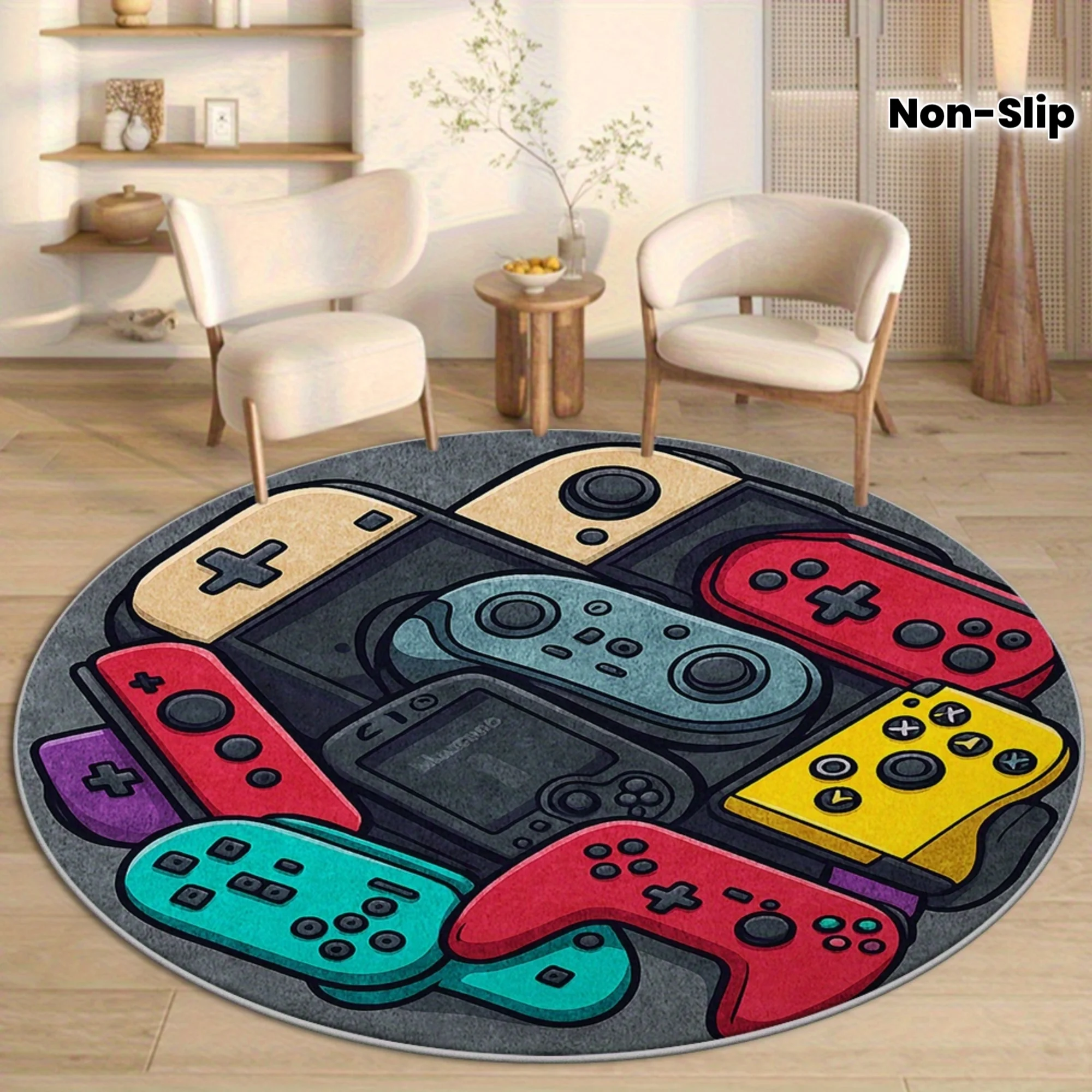 Game Controller Round Rug Flannel Gaming Theme Living Room Bedroom Floor Mat Home Decoration Gamer Gift Non-Slip Carpet