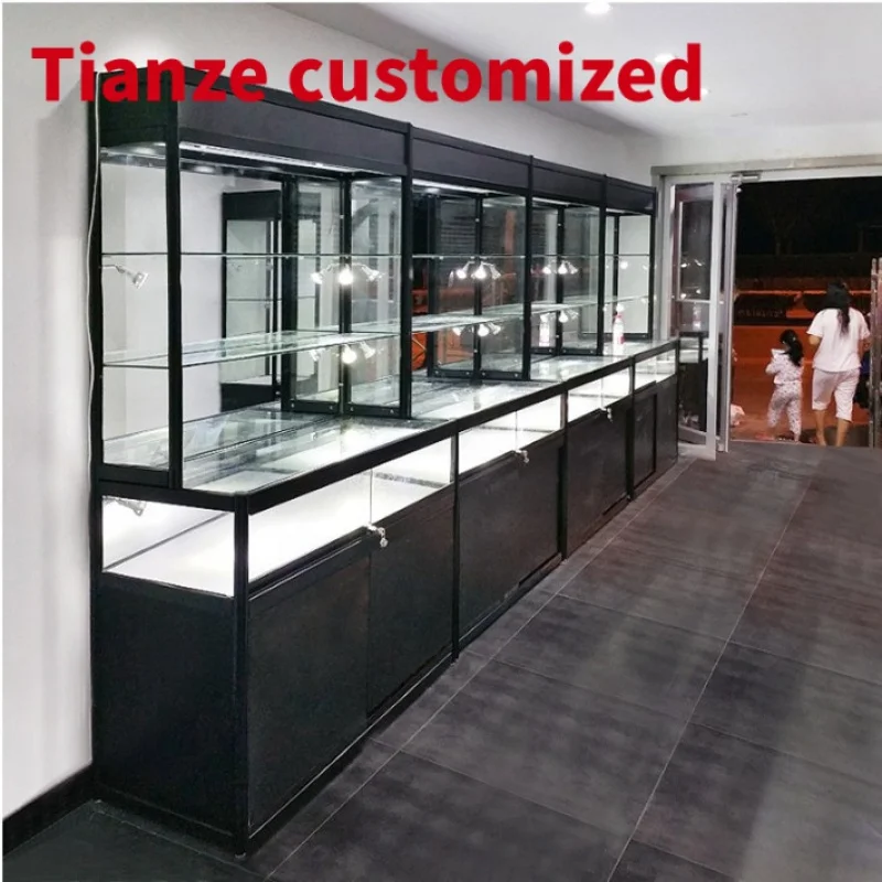 

(Customized) floor standing glass display cabinet multilayer phone display counter with LED light frameless glass showcase p