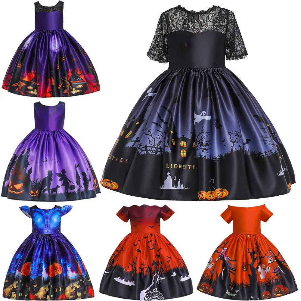 New Halloween Pattern Girls Witch Dress Kids Carnival Party Costume Pumpkin Cosplay Princess Dress 5-12Year