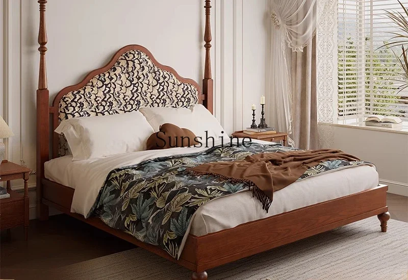 Ash wood solid wood bed small apartment master bedroom double bed high-end retro style