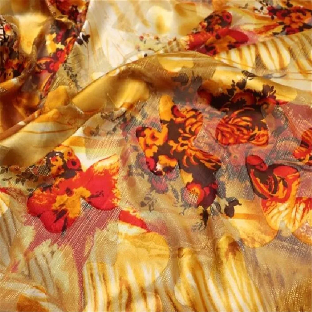 Gold Shiny New Popular Bright Big Flower Soft Opal Silk Burn Out Fabric for Female Charming Party Dress Clothes