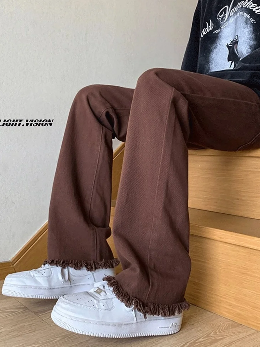 

Retro American Denim Jeans Men's Autumn Straight Leg Slim Fit Frayed Pants High Street Vibe Cool Casual Long Trousers