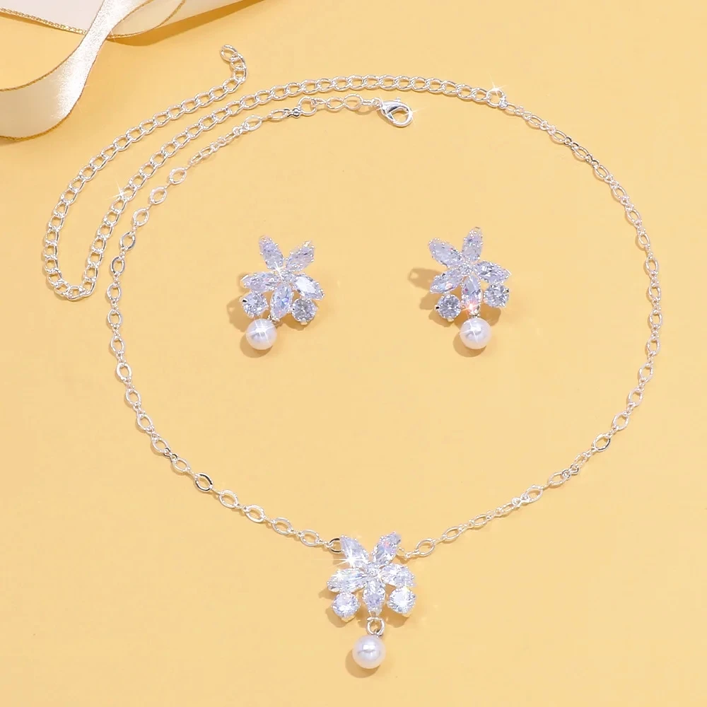 Stonefans Fashion Women Elegant Imitation Pearl Necklace Earrings Zircon Geometry Necklaces Bride Wedding Party Jewelry Set Gift