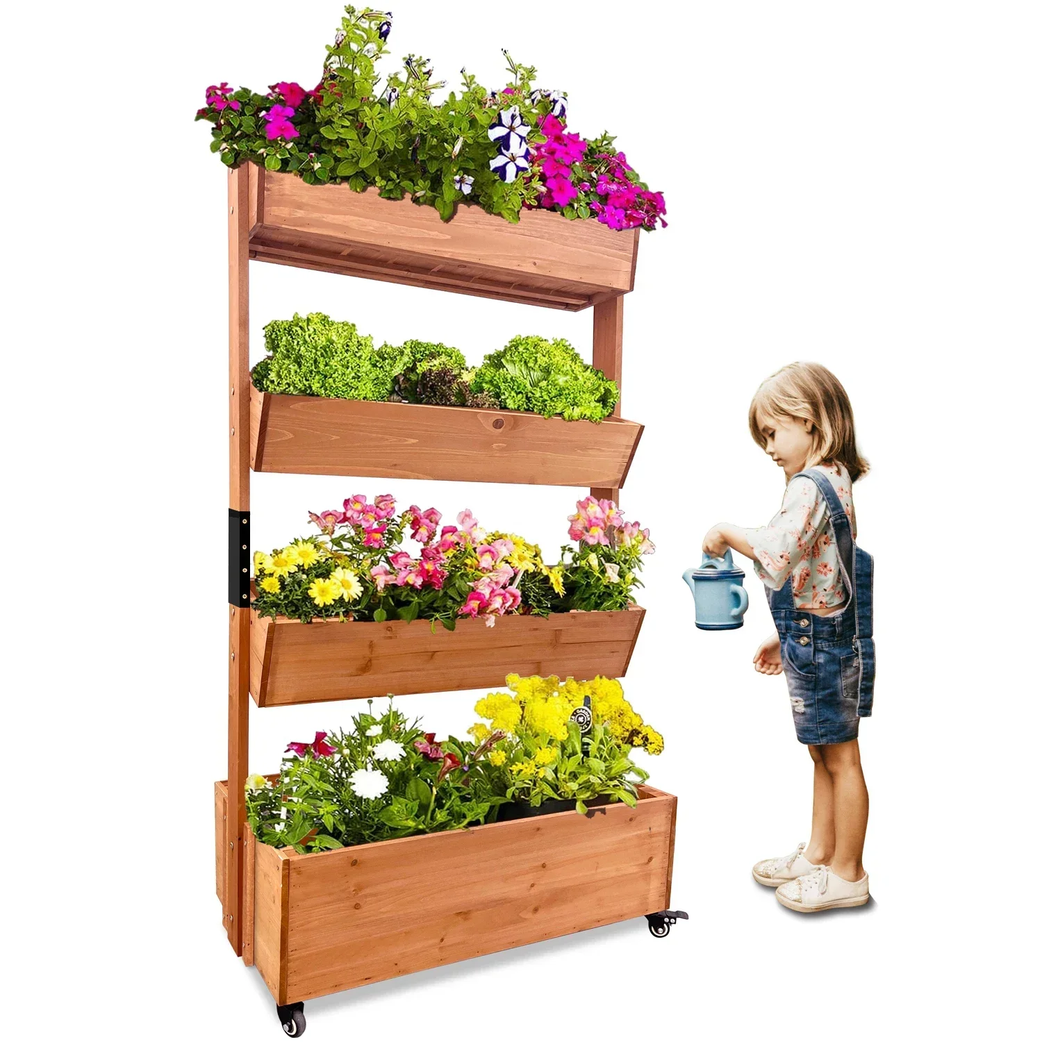 

Outdoor Large 4 Tier Wooden Vertical Raised Garden Bed Herb Planter Box With Wheels