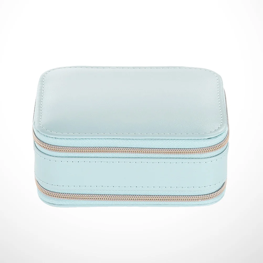 Portable Zippered Jewelry Box PU Multifunction Jewelry Case with Built-in Mirror for Women Girls (Light Blue)