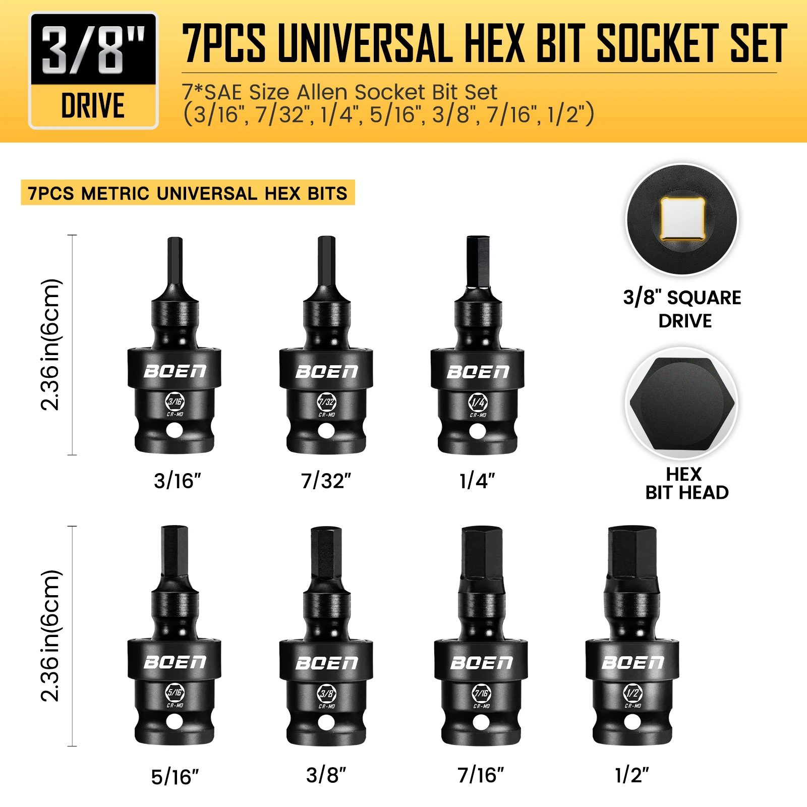 Boen 3/8 "محرك 7 قطع SAE Impact Swivel Allen Bit Socket Set، 360 °   سائق Wobble Hex، حاجز تخزين، فولاذ CR-MO
