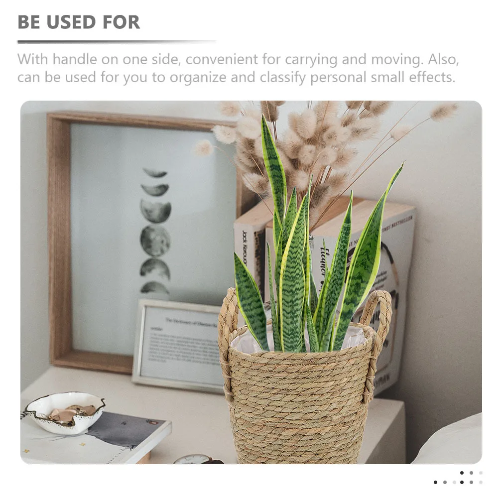 Straw Woven Basket Plant Container With Handle Multi-Purpose Flower Planter For Indoor Garden Desktop Decor Storage