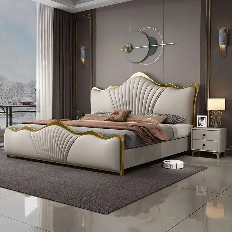 Modern Luxury Wood Bedroom Furniture Soft Up-holstered Beds king Side Double Bed Frame with Drawers Mattress Set Leather Design