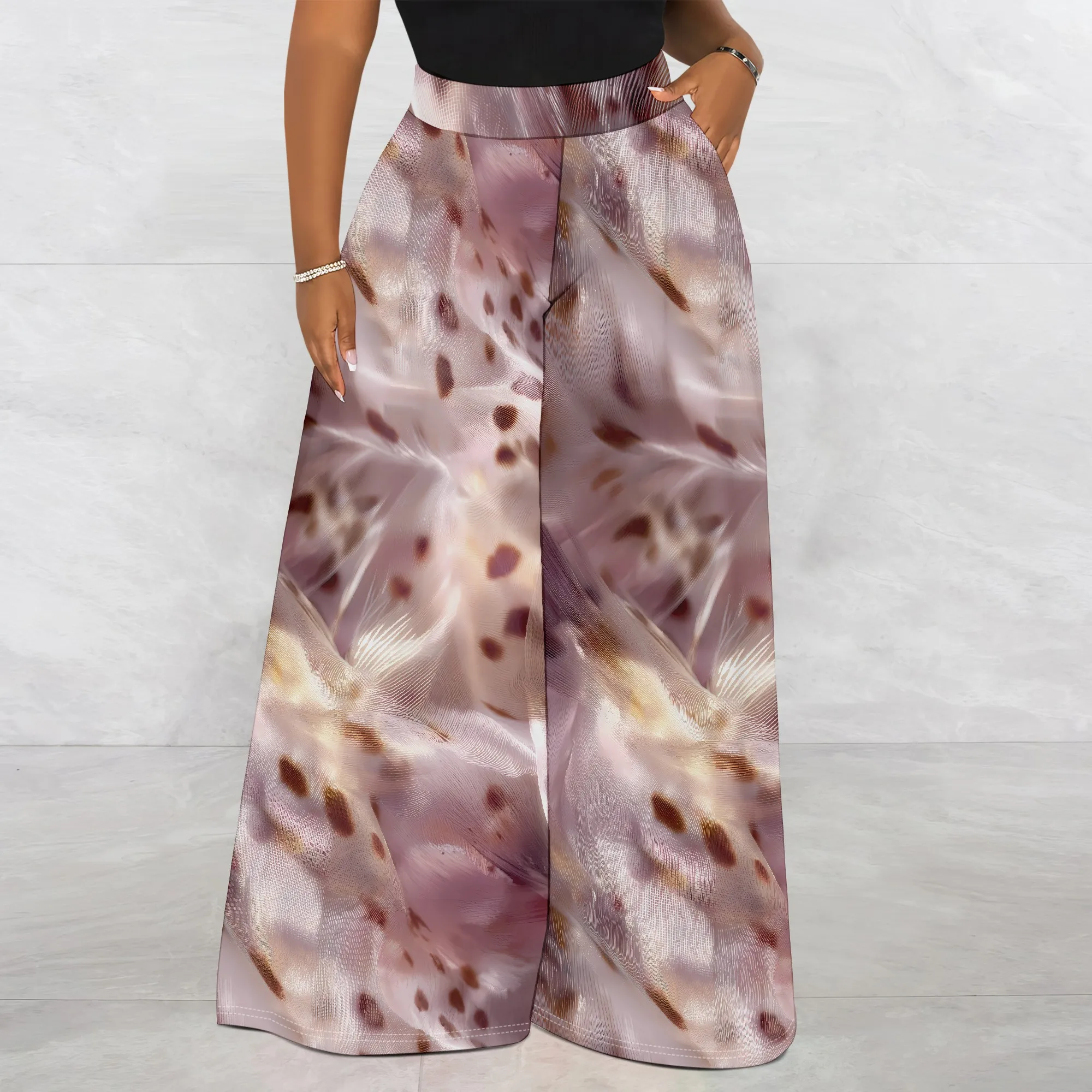 Abstract Print Wide Leg Pants, Soft Feather Pattern Trousers, High Waist Pocket Bottoms for Women, Casual Daily Wear S-3XL