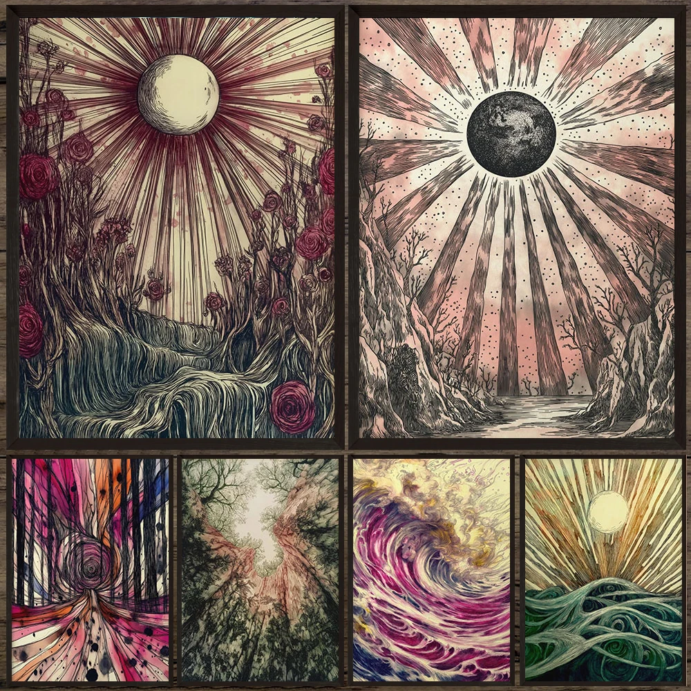 Retro Fine Line Engraving Canvas Poster Mystical Forest Tree Mountain Valley Sea Wave Rose Sun Vintage Aesthetic Home Wall Art