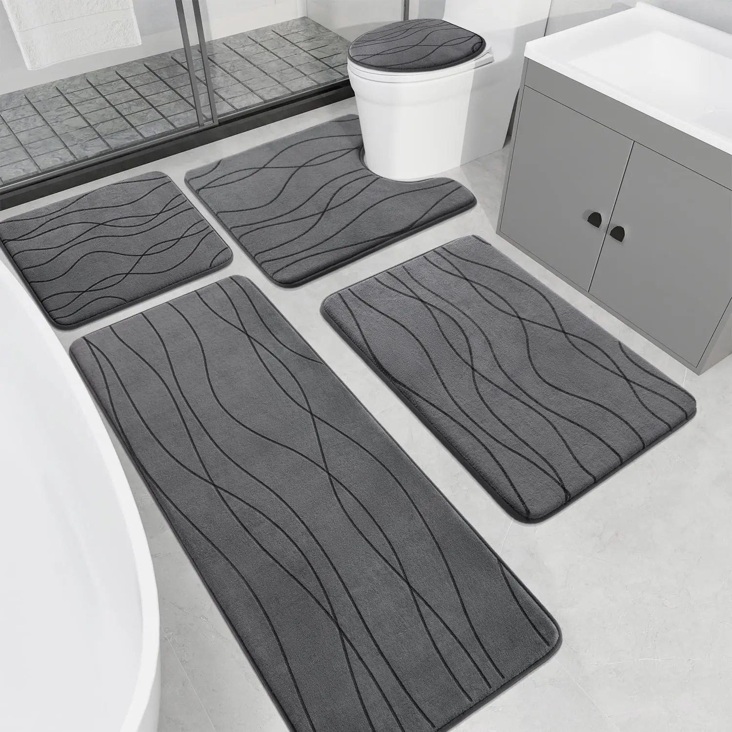 

5-Piece Memory Foam Bathroom Rug Set, Ultra Absorbent Non-Slip Mat in Dark Grey, Machine Washable & Quick-Dry