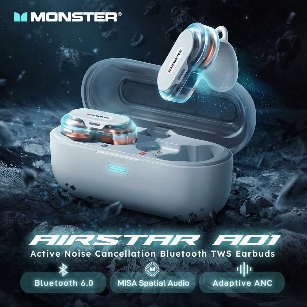 Monster AirStar A01 ANC Earbuds Spatial Audio Bluetooth 6.0 TWS Wireless Earphone Adaptive Active Noise Cancelling Headphone