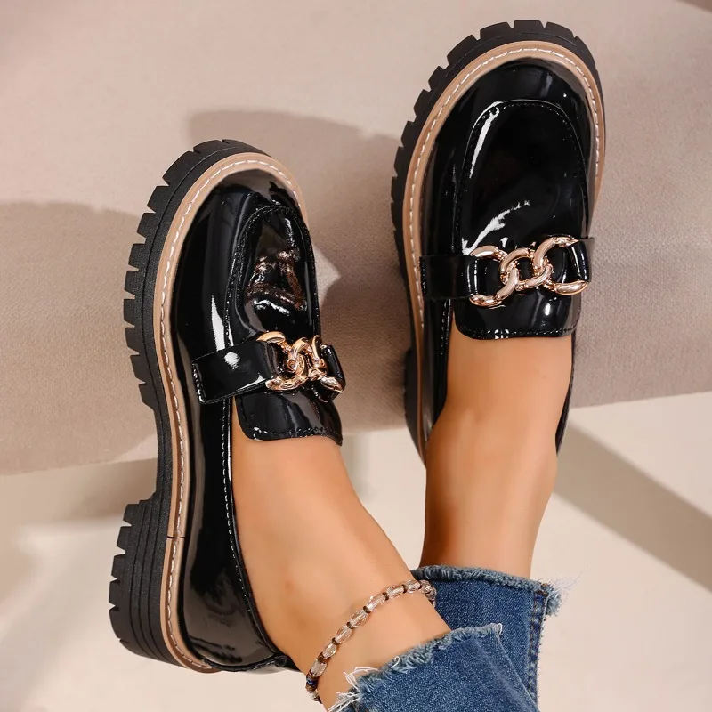 Women's Brown Patent Leather Chain Loafers - 4.5cm Lug Sole Platform Block Heel Preppy Shoes for Daily & Office Wear