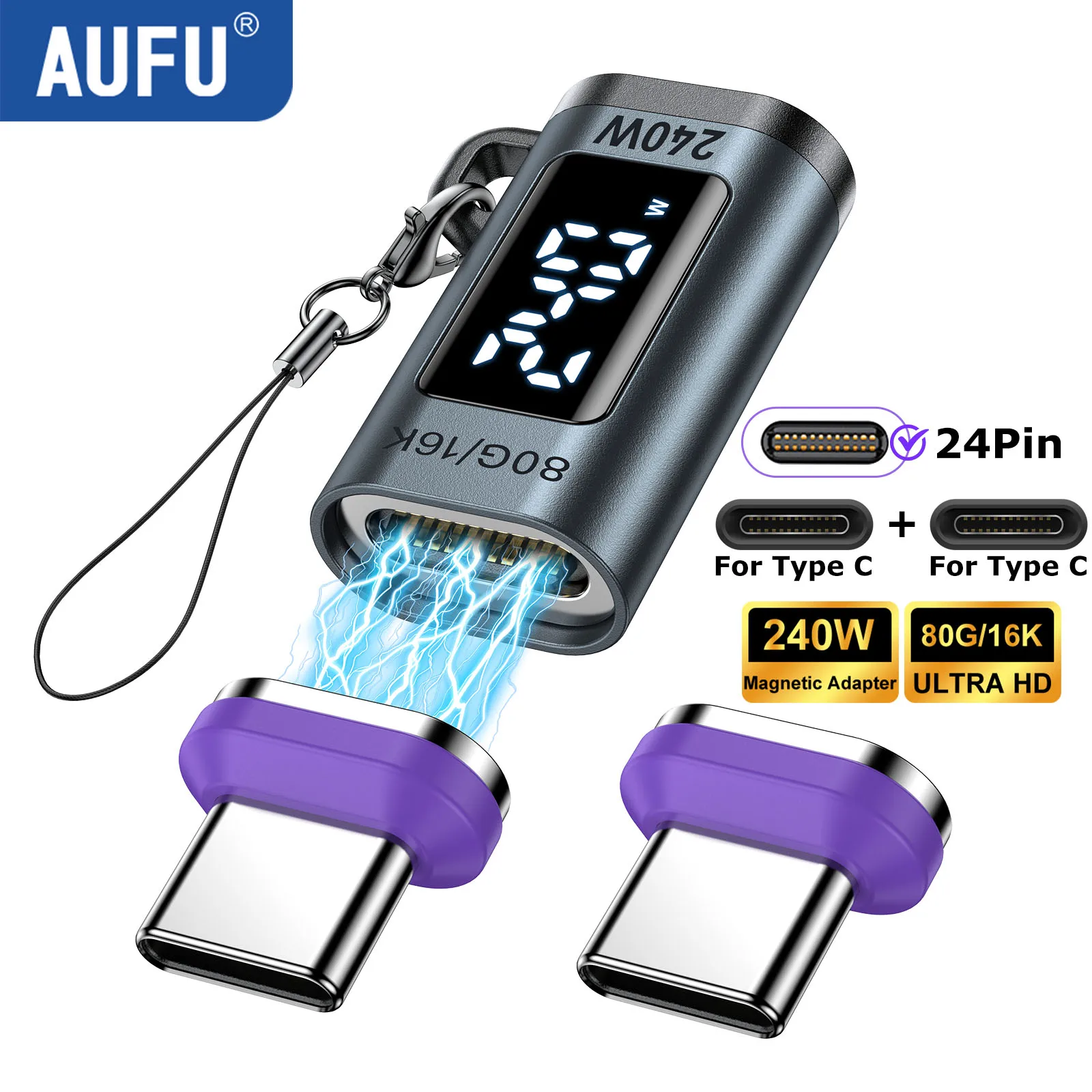 AUFU 240W Magnetischer Adapter mit Digitalanzeige USB-C zu Typ-C Adapter Schnellladung USB4 Anschluss 80Gbps für Thunderbolt5 iPhone16