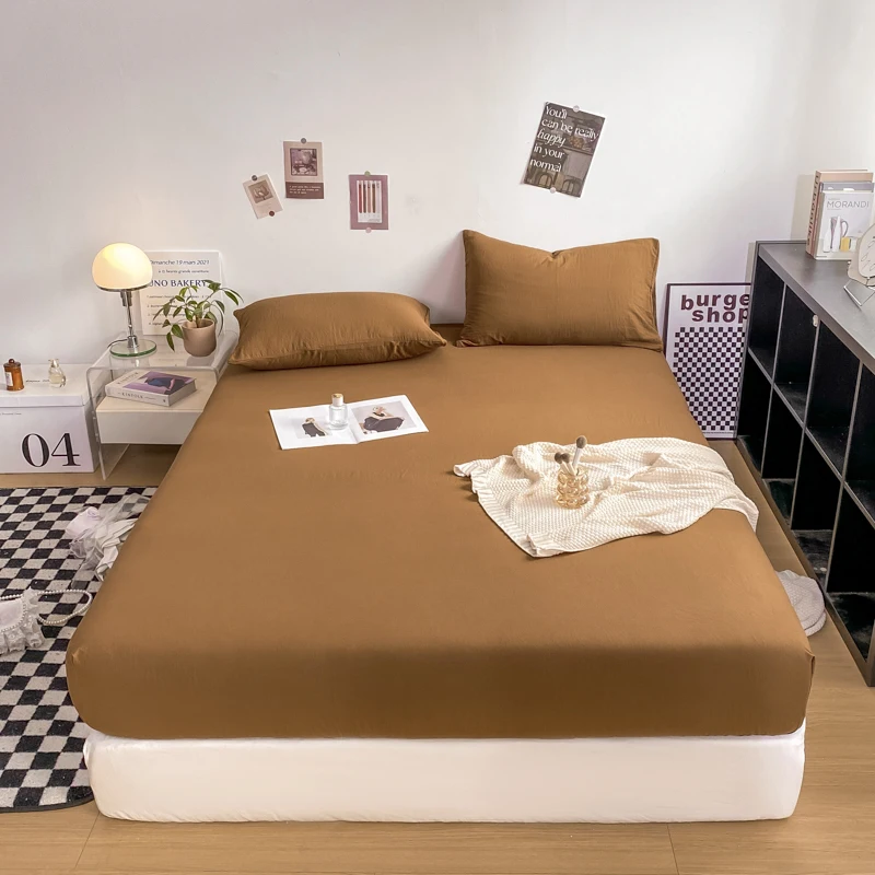 Washed Cotton Fitted Sheet with Elastic Bands Non Slip Adjustable Mattress Cover for Double King Queen Bed 90x200 150x200 180