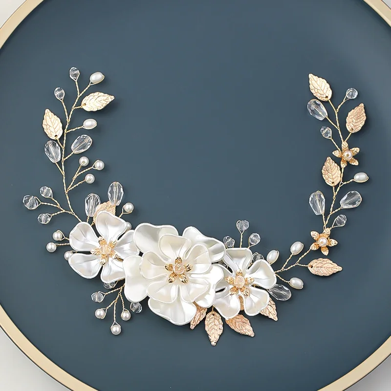 Kryształowa kwiat perłowy opaska z listkami Tiara dla kobiet panna młoda impreza królowa ślub ślubne akcesoria do włosów biżuteria opaska Tiara