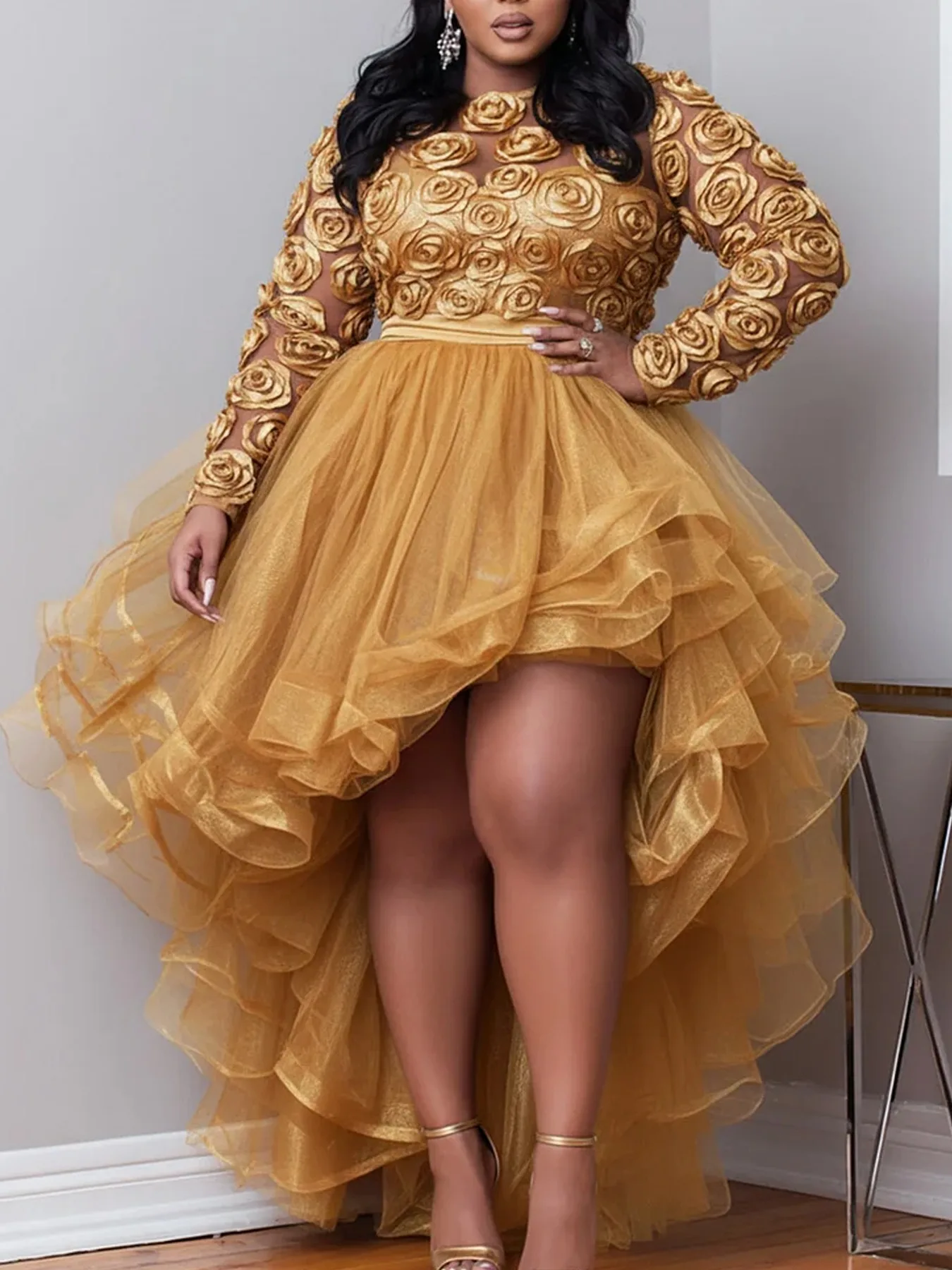 Plus Size Women 3D Rose Appliques High Low Dress Sheer Sleeve Round Neck Ruffle Tulle Formal Evening Cocktail Party Dress