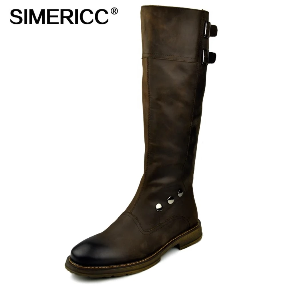 Fashion Men's Genuine Leather Motorcycle Boots,Mid-calf Equestrian Riding Boots,Honor Guard Parade Knee-high Boots