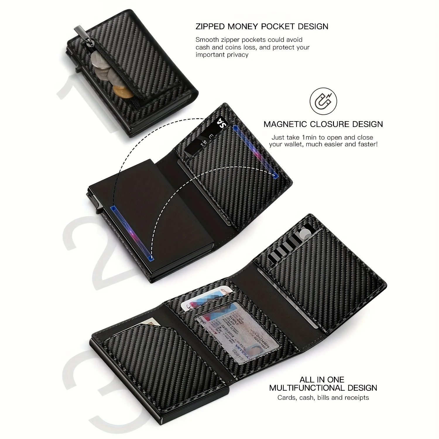 Personalisierter Name Herren-Kartenclip aus Kohlefaser, magnetisch, Leder, RFID, dreifach gefaltete Karte mit Reißverschluss, Smart Wallet, AirTag-Geldbörse – Detail 4