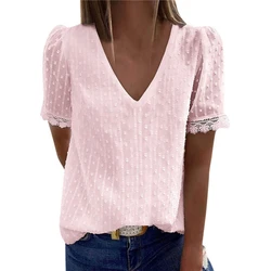 Women's Blouse Casual Short Sleeve Shirt Simple V Neck Tops Elegant Shirts And Blouses Deals Summer Youthful Woman Clothes