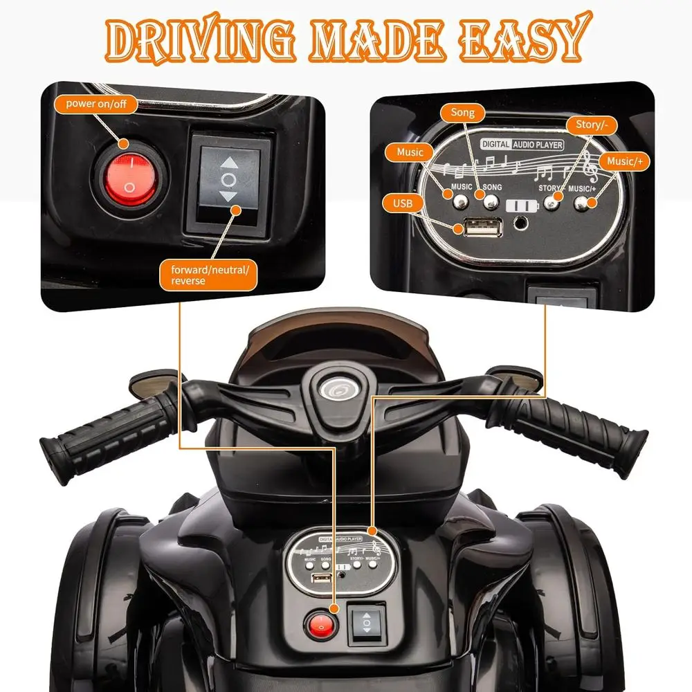 12V Kids Electric ATV, 3-Wheeler Motorcycle Ride on Toys for Toddlers w/Music, LED Lights, USB, One-Button Start, Black