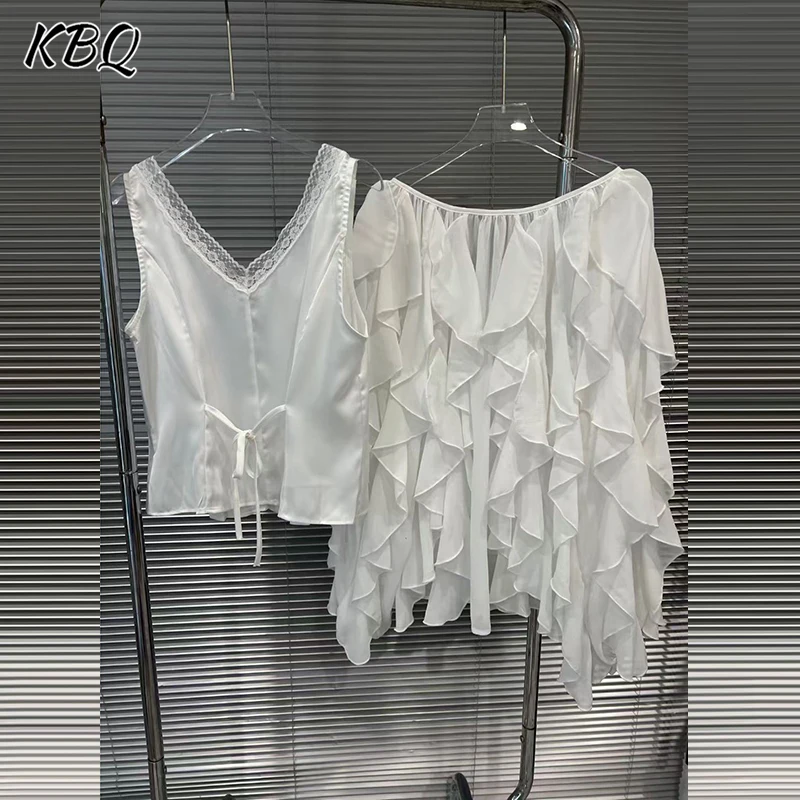 

KBQ Solid Temperament Slim Two Piece Sets For Women V Neck Long Sleeve Coat Sleeveless Vests Elegant Set Female Fashion Style
