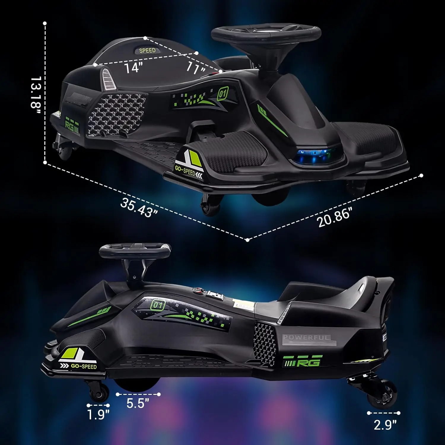 كارت ركوب 12 فولت مع محرك هادئ بدون فرش 45 وات 5 ميل في الساعة، لعبة ركوب الخيل الكهربائية الانجراف كارت الذهاب تعمل بالبطارية في الهواء الطلق للمراهقين