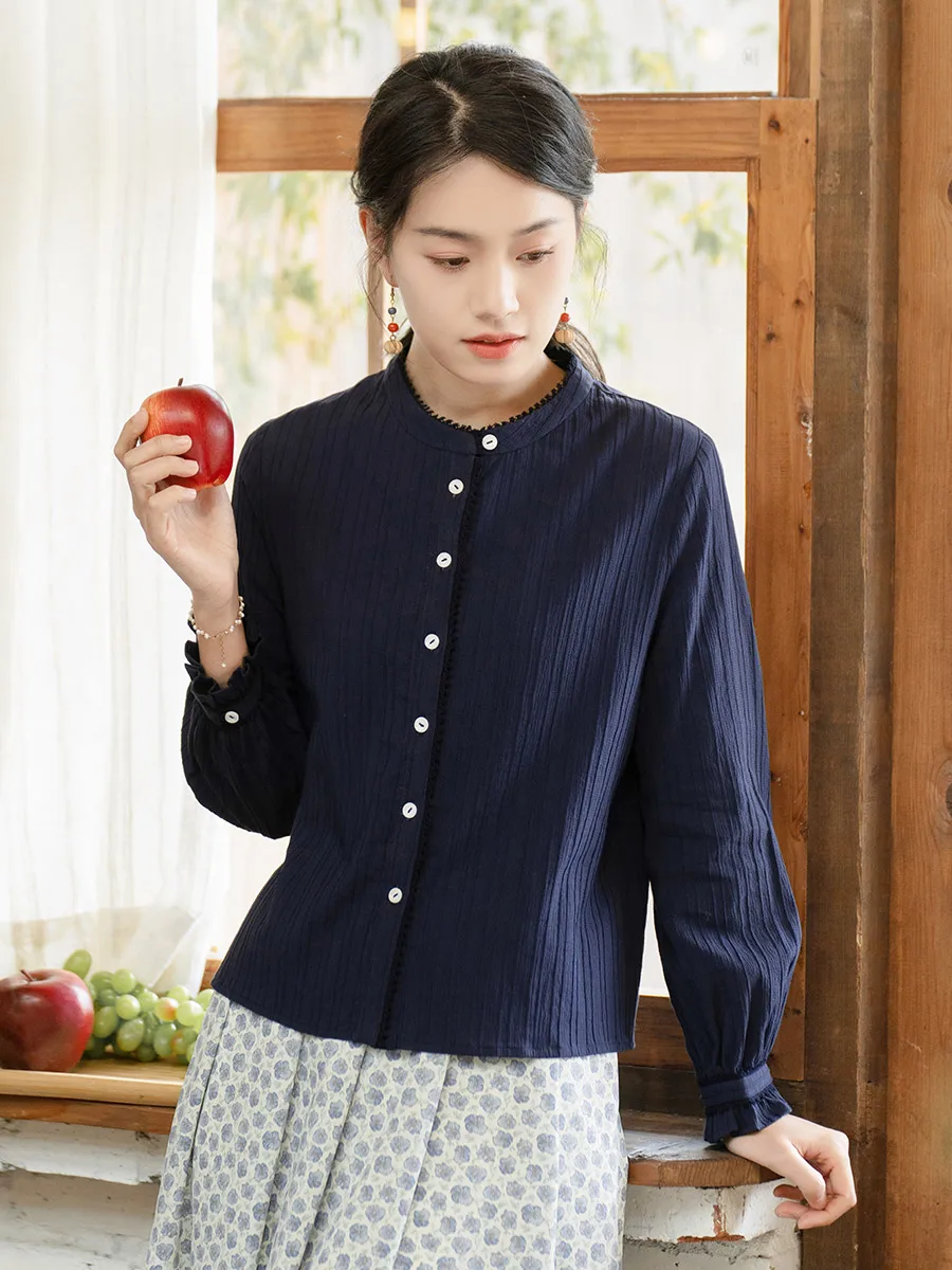 

Blue Long Sve Lace Collar Women's irt Faionable Versatile Spring New Arrival irt Commute Sle Artistic Straight Cut