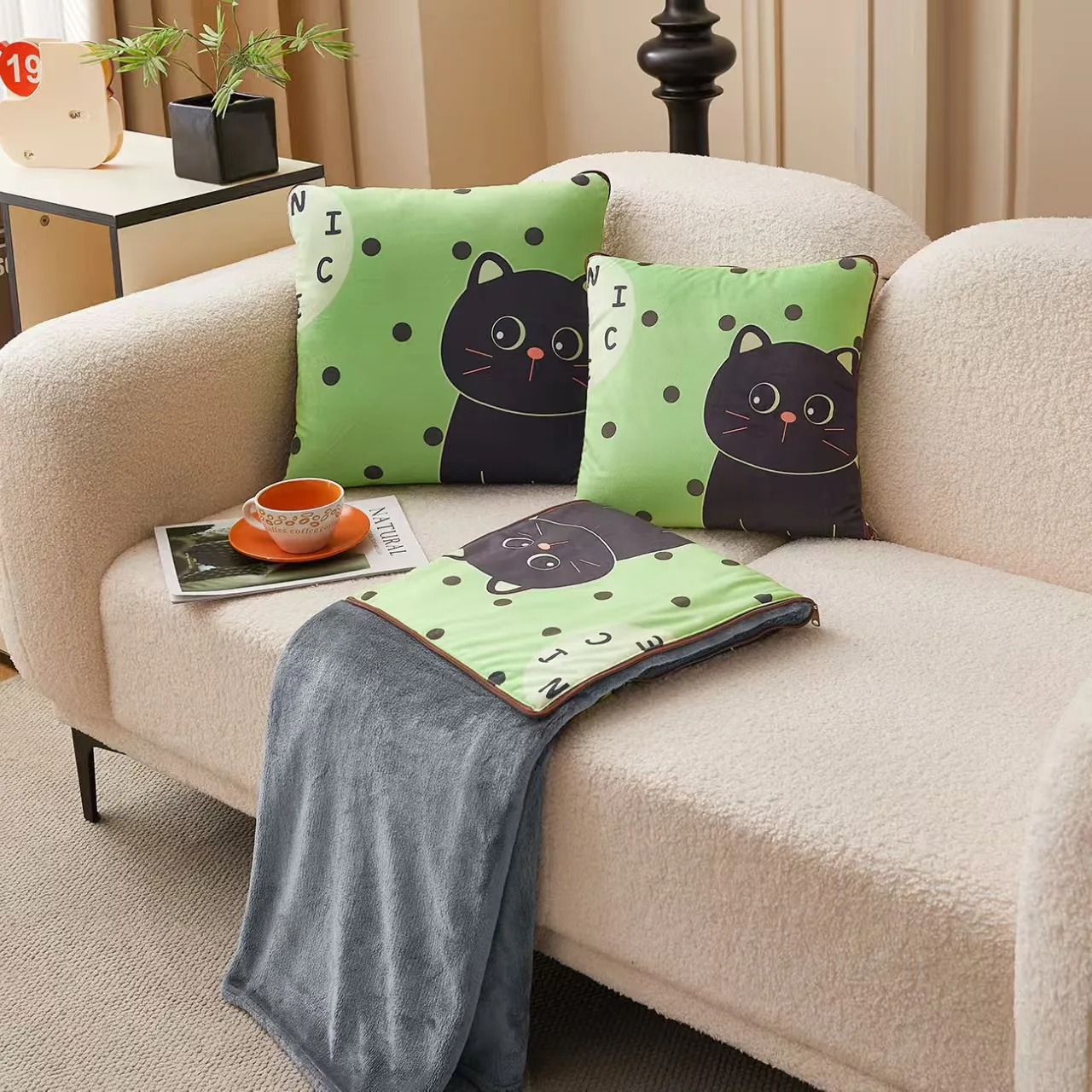 Autumn & Winter Cartoon Printed 2-in-1 Multi-Functional Pillow Blanket - Dual-Use as Throw, Shawl, Nap Blanket & Small Coverlet