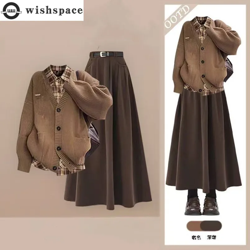 

Spring and Autumn Set Women's Retro Knitted Sweater Checkered Shirt+Casual Half Skirt 3-Piece Set